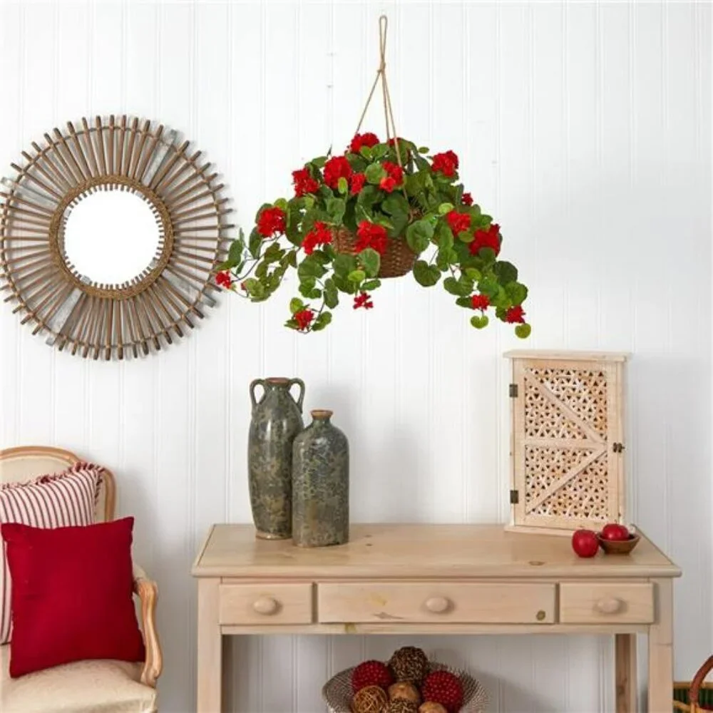 Nearly Natural Red Geranium Hanging Basket 24in Faux Silk Plant Home Decor